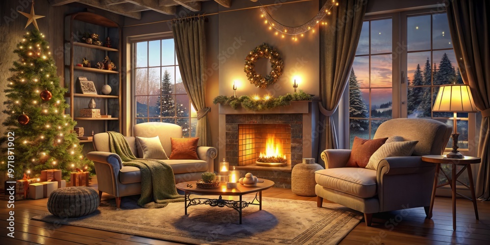 Softly glowing lights and plush furniture create a cozy atmosphere, as a crackling fireplace and snuggly blankets Softly glowing lights and plush furniture create a cozy atmosphere, as a crackling fireplace and snuggly blankets