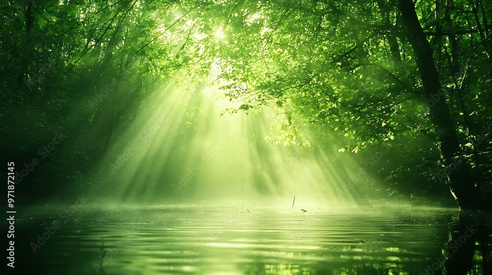 Obraz premium Sunlight Through Forest Canopy Reflecting on Tranquil Water