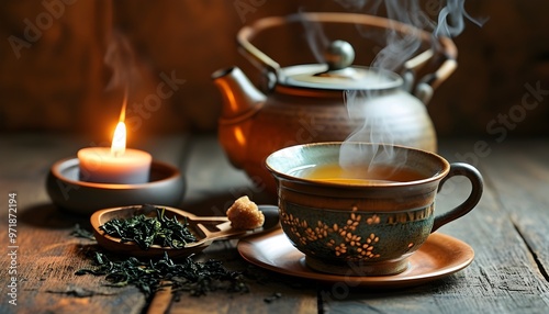 Aromatic tea ceremony featuring steaming cup, teapot, tea leaves, and lit candle in a rustic setting, embodying relaxation, warmth, and timeless tradition.