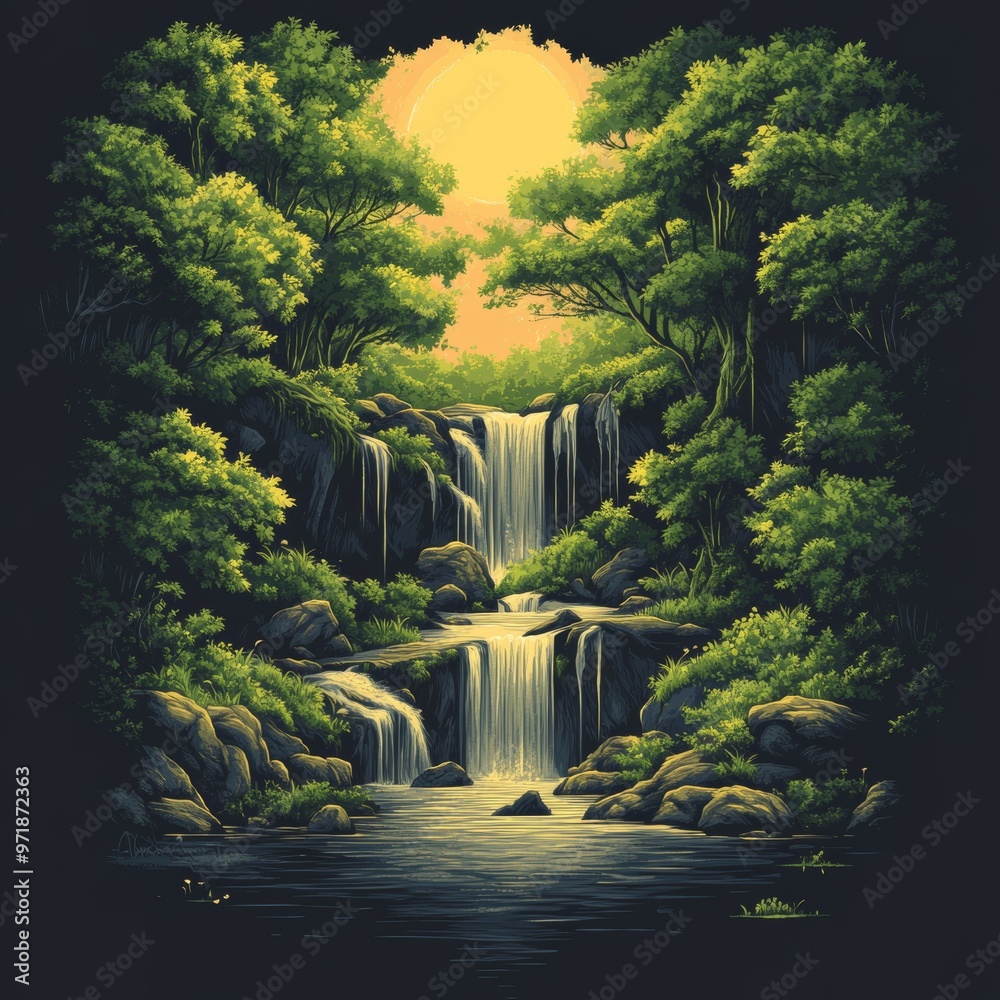 Naklejka premium Tranquil Waterfall in Lush Forest with Sunset Glow