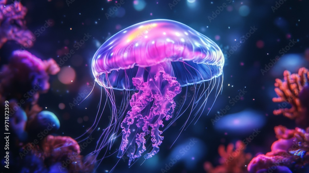 Naklejka premium A jellyfish, glowing with bioluminescent light, drifts through a fantastical ocean scene filled with illuminated corals and alien marine species