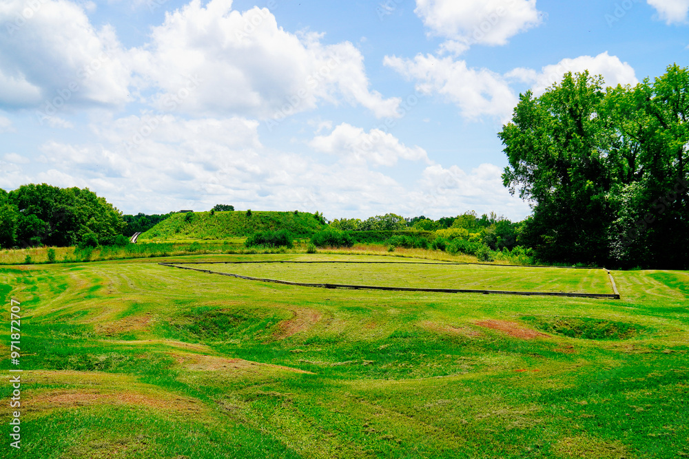 Obraz premium Macon, Georgia, USA- 07 20 2024: The landscape of Ocmulgee Mounds National Historical Park