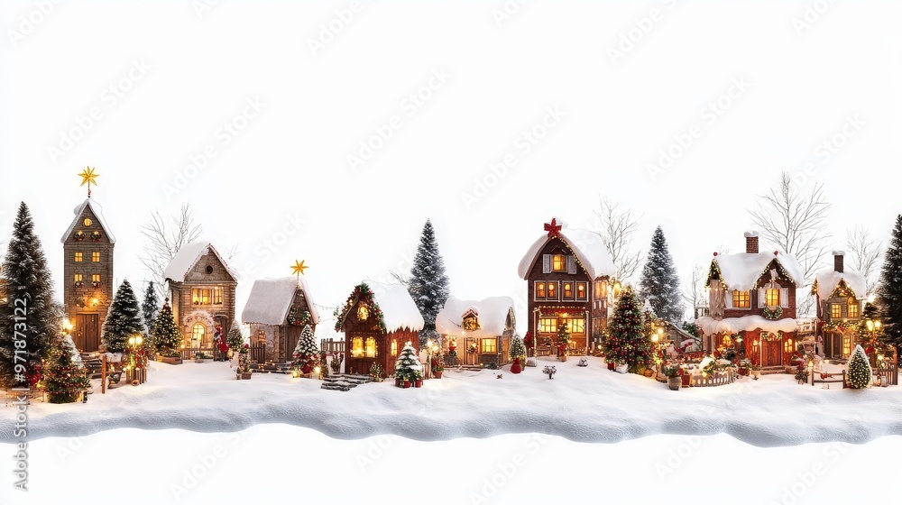 Enchanting Christmas Village in Outdoor Setting with Lights and Decorations on White Background