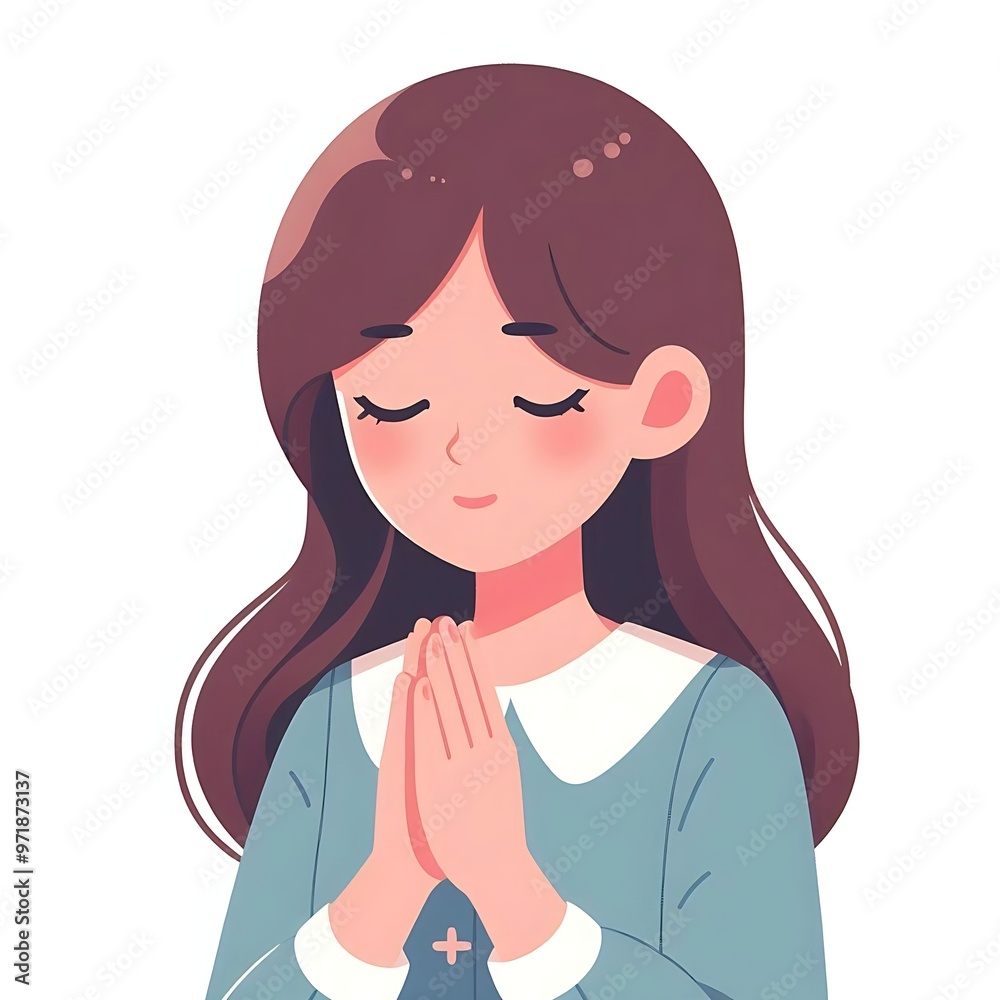 A serene flat-style illustration of a woman in prayer, hands together, with a simple white background. Ideal for religious content, meditation, spirituality, and peaceful designs. A serene flat-style illustration of a woman in prayer, hands together, with a simple white background. Ideal for religious content, meditation, spirituality, and peaceful designs.