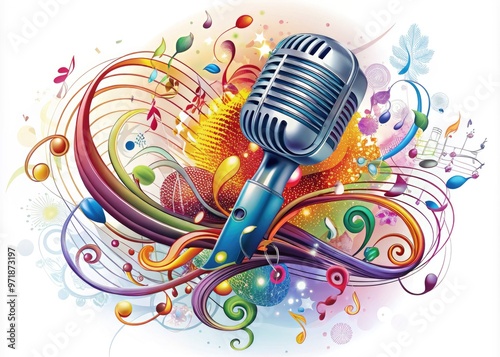 Colorful illustration of a microphone surrounded by vibrant musical notes, swirls, and abstract shapes, creating a dynamic and energetic composition on a white background.