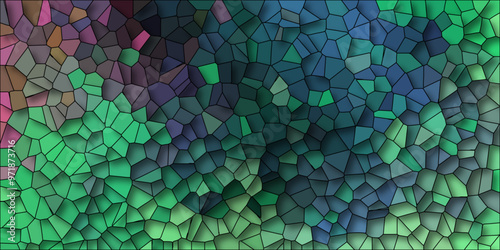 3D Abstract Seamless Multicolor Broken Stained-Glass Geometric Retro Tiles Pattern and Quartz Crystal Voronoi Diagram Background for Website, Fabric Printing, Brochures, Luxury/Premium Packaging