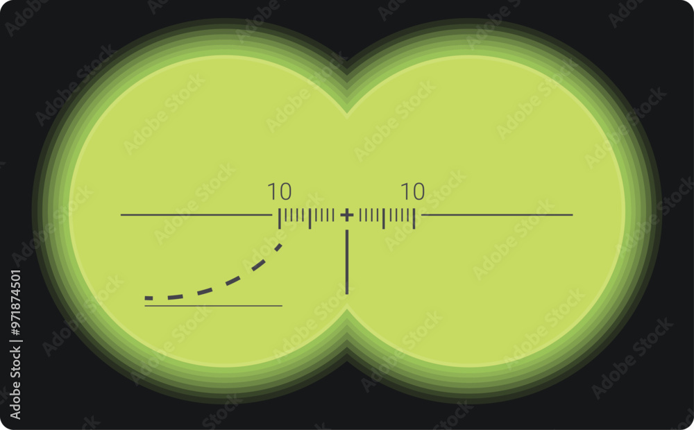 Night vision binoculars displaying green view with tracking markings for aiming and targeting