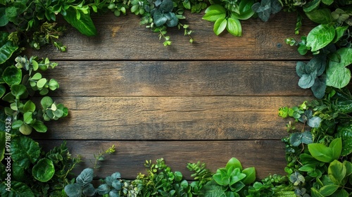 Wooden Background with Green Foliage Border