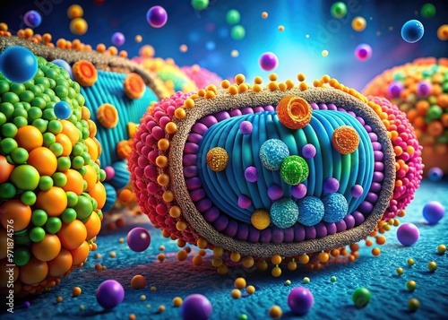 Colorful, stylized illustration of a cell membrane, featuring a semi-permeable phospholipid bilayer with embedded proteins, receptors, and fluid-filled vesicles, in a vibrant, futuristic style.