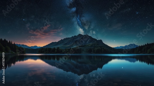 Wallpaper Mural realistic landscape illustration of a lake, mountains, and a beautiful sky Torontodigital.ca