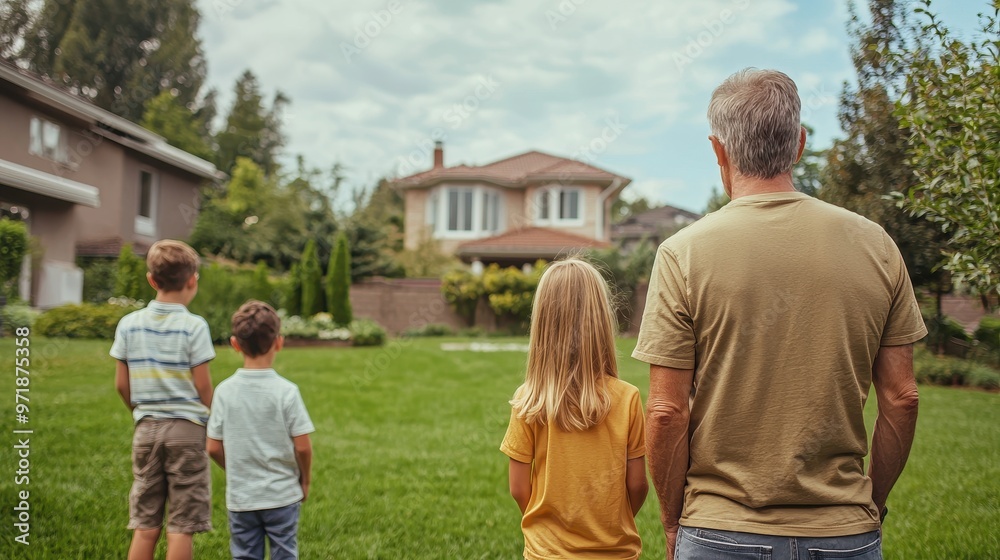 Family Looking at New Home Backyard Dream House Real Estate Family Looking at New Home Backyard Dream House Real Estate