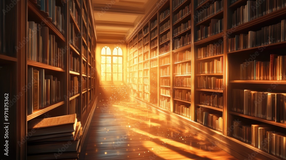 A warm, golden beam of sunlight illuminates a quiet, vintage library filled with bookshelves. A warm, golden beam of sunlight illuminates a quiet, vintage library filled with bookshelves.