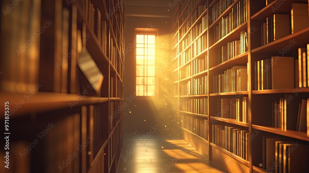 A warm, golden beam of sunlight illuminates a quiet, vintage library filled with bookshelves. A warm, golden beam of sunlight illuminates a quiet, vintage library filled with bookshelves.