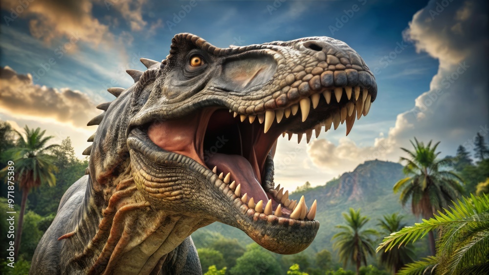 The prehistoric Tyrannosaur Rex dinosaur head roars with a deafening scream, sharp teeth gleaming in the ancient The prehistoric Tyrannosaur Rex dinosaur head roars with a deafening scream, sharp teeth gleaming in the ancient