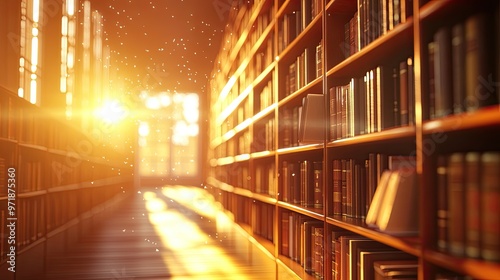 A warm, golden beam of sunlight illuminates a quiet, vintage library filled with bookshelves.