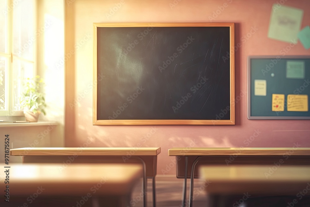 Blur background of interior design of empty classroom with blackboard. Empty classroom with desk, chair and blackboard at school. No people. Cartoon style. Education concept. Back to school. Spate, ai