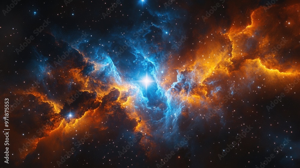 Naklejka premium A breathtaking image of a colorful nebula with swirling blue and orange gases, illuminated by distant stars in the vastness of space.