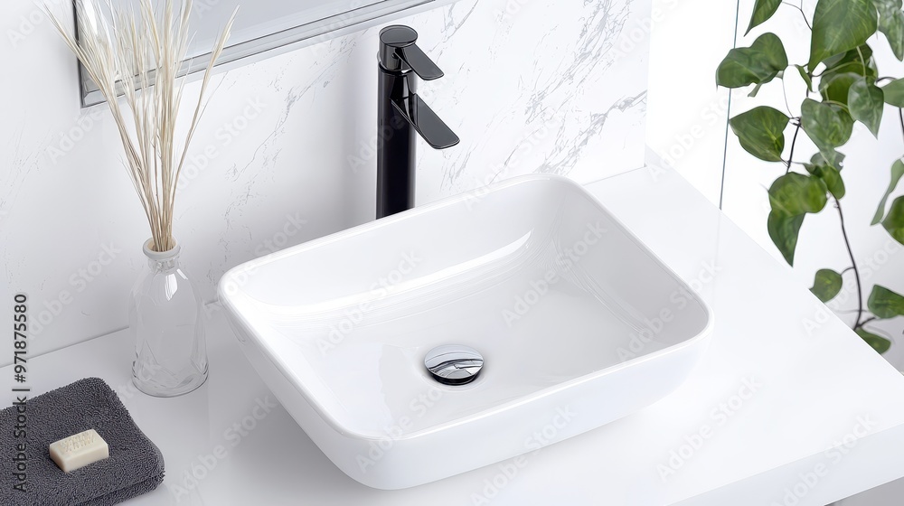 Fototapeta premium Modern Bathroom Sink with Black Faucet and White Countertop