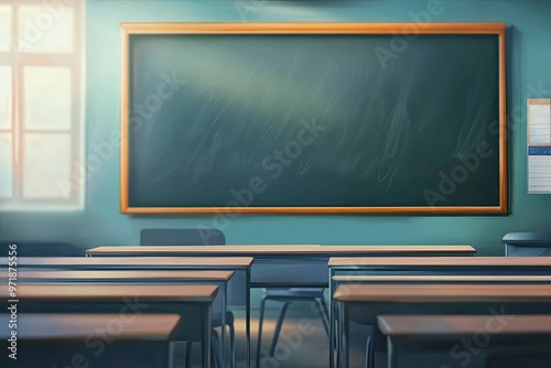 Blur background of interior design of empty classroom with blackboard. Empty classroom with desk, chair and blackboard at school. No people. Cartoon style. Education concept. Back to school. Spate, ai