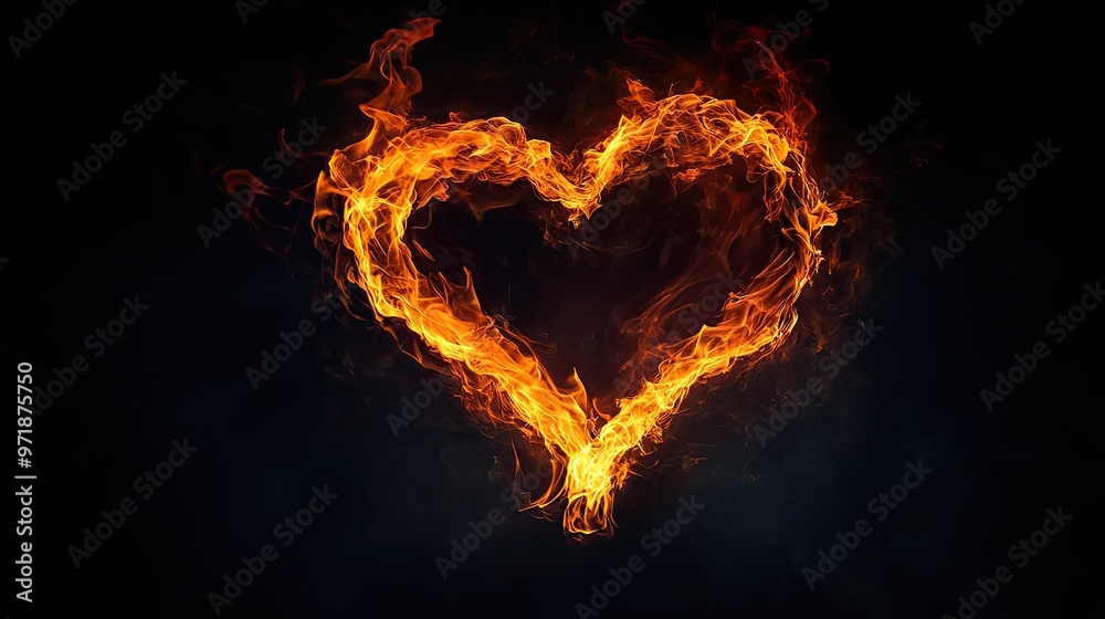 A heart-shaped flame set against a dark background, representing passion, love, and energy with bright, vivid flames. A heart-shaped flame set against a dark background, representing passion, love, and energy with bright, vivid flames.