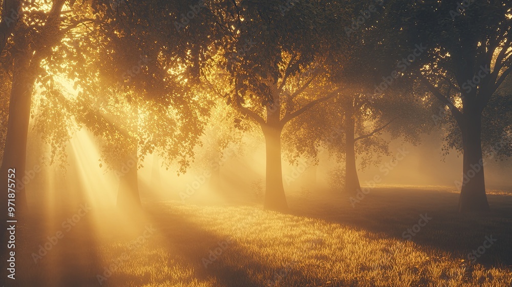 Sunlight piercing through morning fog in a forest. Sunlight piercing through morning fog in a forest.