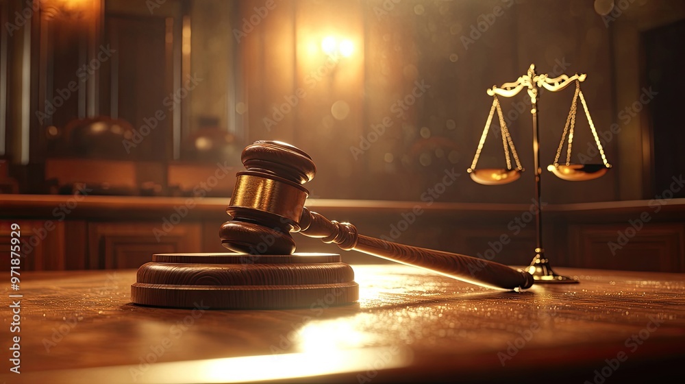 Image of a gavel and scales of justice in a warmly lit courtroom, symbolizing law, justice, and legal proceedings. Image of a gavel and scales of justice in a warmly lit courtroom, symbolizing law, justice, and legal proceedings.