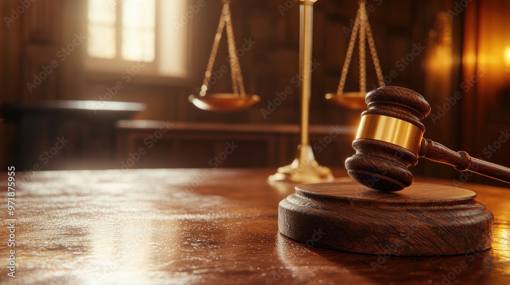 Image of a gavel and scales of justice in a warmly lit courtroom, symbolizing law, justice, and legal proceedings. Image of a gavel and scales of justice in a warmly lit courtroom, symbolizing law, justice, and legal proceedings.