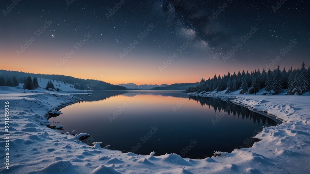 Fototapeta premium realistic landscape illustration of a lake, mountains, and a beautiful sky