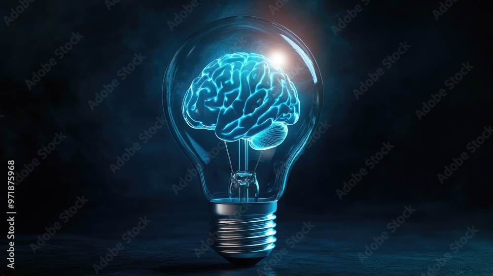 A glowing brain inside a lightbulb representing creativity, innovation, and intellectual ideas against a dark background. Ideal for technology or mind-related themes. A glowing brain inside a lightbulb representing creativity, innovation, and intellectual ideas against a dark background. Ideal for technology or mind-related themes.
