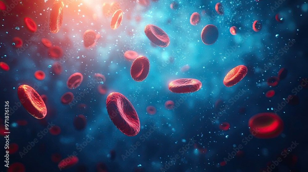 Fototapeta premium Close-up view of red blood cells floating in plasma, showcasing the vital role of blood circulation and health in the human body.