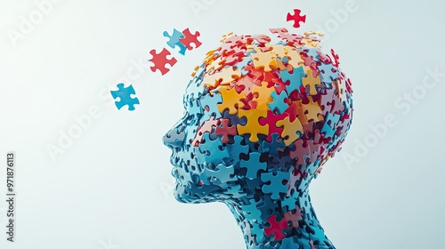 A human head formed from colorful puzzle pieces, representing mental health, cognitive function, problem-solving, and creativity.