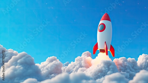 A playful cartoon-style rocket taking off amidst fluffy clouds, ascending into a bright blue sky with a whimsical, childlike vibe.