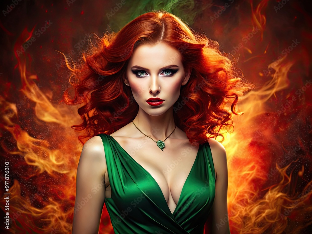 Naklejka premium Confident seductress with fiery red hair, porcelain skin, and piercing green eyes poses in a sultry red dress, exuding fiery passion and uncanny allure.