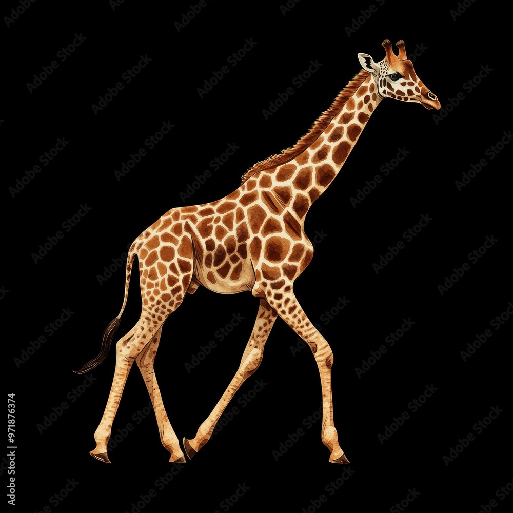 Naklejka premium A Giraffe Walking on a Black Background