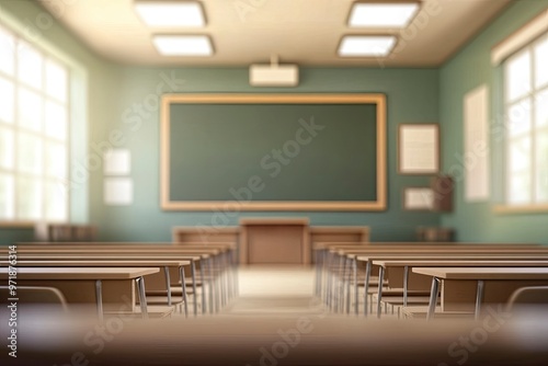 Blur background of interior design of empty classroom with blackboard. Empty classroom with desk, chair and blackboard at school. No people. Cartoon style. Education concept. Back to school. Spate, ai