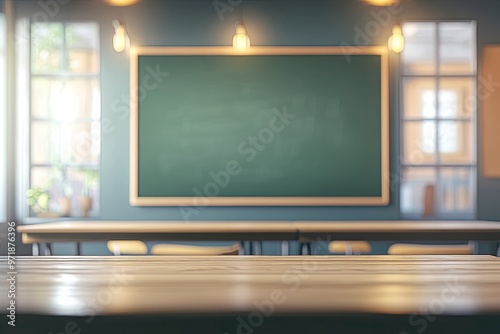 Blur background of interior design of empty classroom with blackboard. Empty classroom with desk, chair and blackboard at school. No people. Cartoon style. Education concept. Back to school. Spate, ai