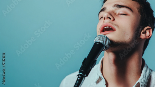 a handsome young man singing into a microphone, a portrait.