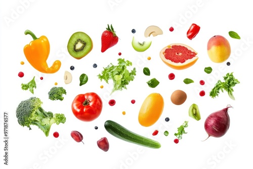 Different fresh fruits and vegetables in air on white background , ai