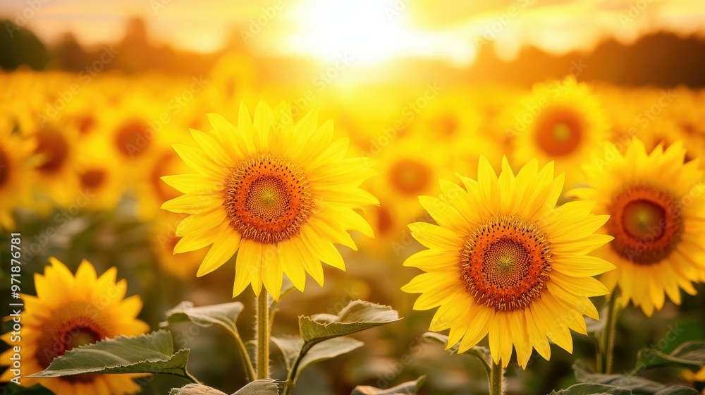 Fototapeta premium Golden Sunflowers Field at Sunset
