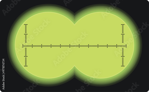 View through night vision binoculars with measuring scale, showing bright green light in the dark