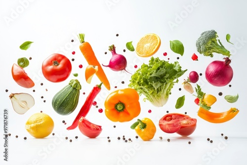 Different fresh fruits and vegetables in air on white background , ai