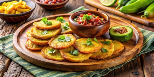 Wallpaper Mural Crunchy, ripe plantains flatten into crispy patacones, served golden alongside creamy avocado slices, tangy salsa, and rustic wooden utensils on a vibrant tablecloth. Torontodigital.ca