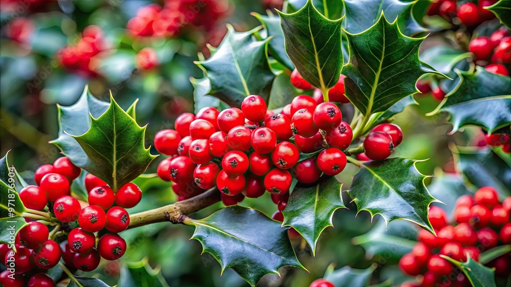 Dark green leaves with bright red berries adorn the prickly branches of a lush European Holly shrub, evoking festive winter wonderland ambiance. Dark green leaves with bright red berries adorn the prickly branches of a lush European Holly shrub, evoking festive winter wonderland ambiance.