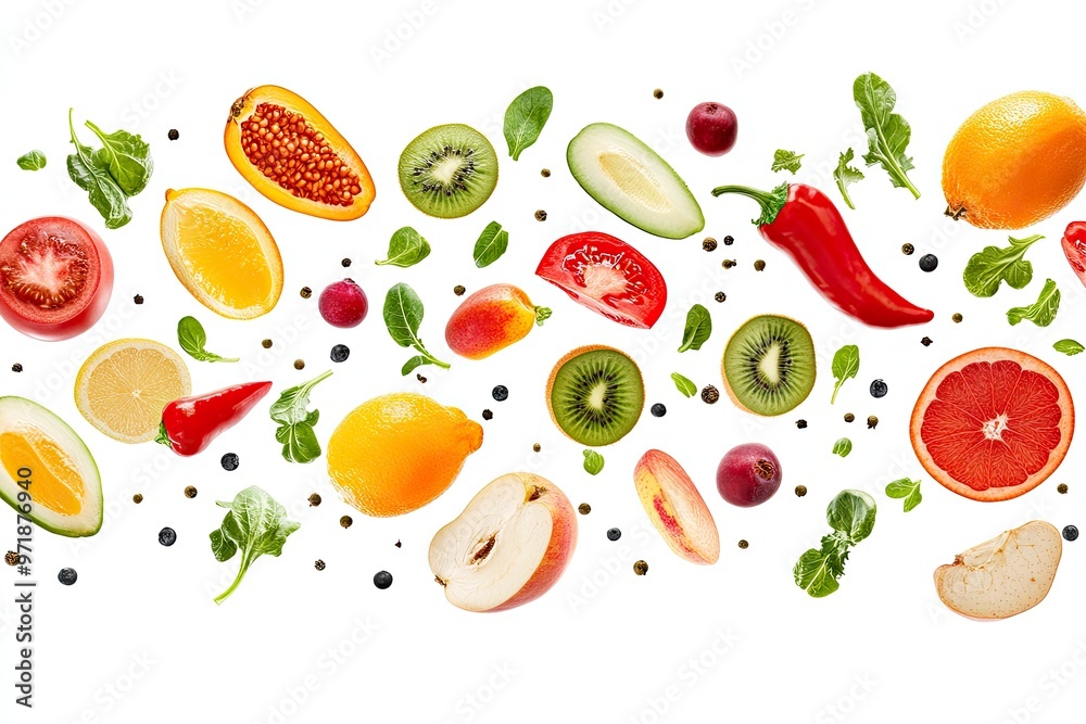 Different fresh fruits and vegetables in air on white background , ai Different fresh fruits and vegetables in air on white background , ai