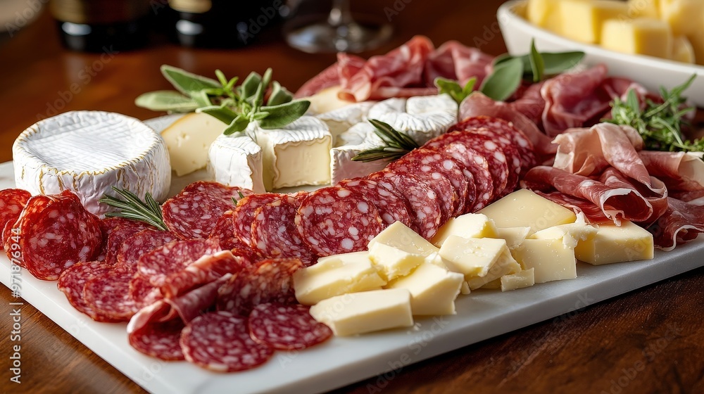 Elegant Charcuterie Platter with Salami, Prosciutto, and Fresh Cheese - Gourmet Appetizers in a Refined Display Elegant Charcuterie Platter with Salami, Prosciutto, and Fresh Cheese - Gourmet Appetizers in a Refined Display