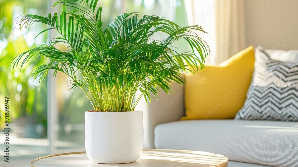 Green Plant in White Pot on Wooden Table with Blurred Background Green Plant in White Pot on Wooden Table with Blurred Background