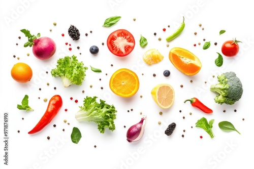 Different fresh fruits and vegetables in air on white background , ai