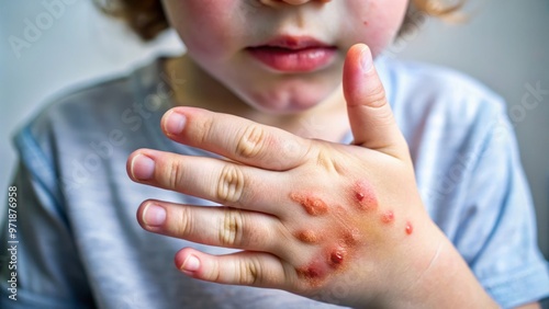 Tiny fingers and palm covered in a mesh of red, inflamed skin, scars, and crusty wounds, a painful