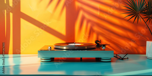 Vintage record player in tropical setting.
