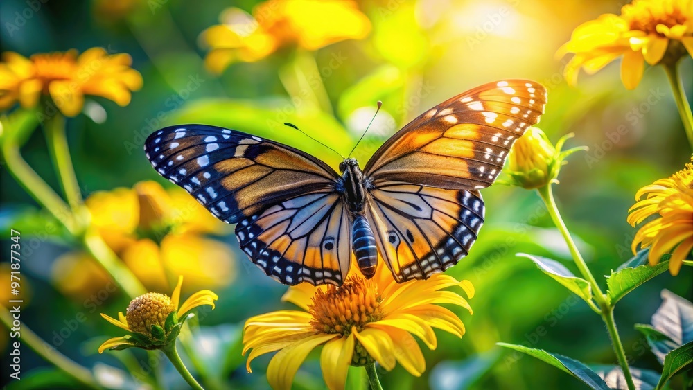 Obraz premium Delicate butterfly perches on vibrant yellow petals of a blooming flower, its iridescent wings shimmering in warm sunlight amidst lush green foliage background.